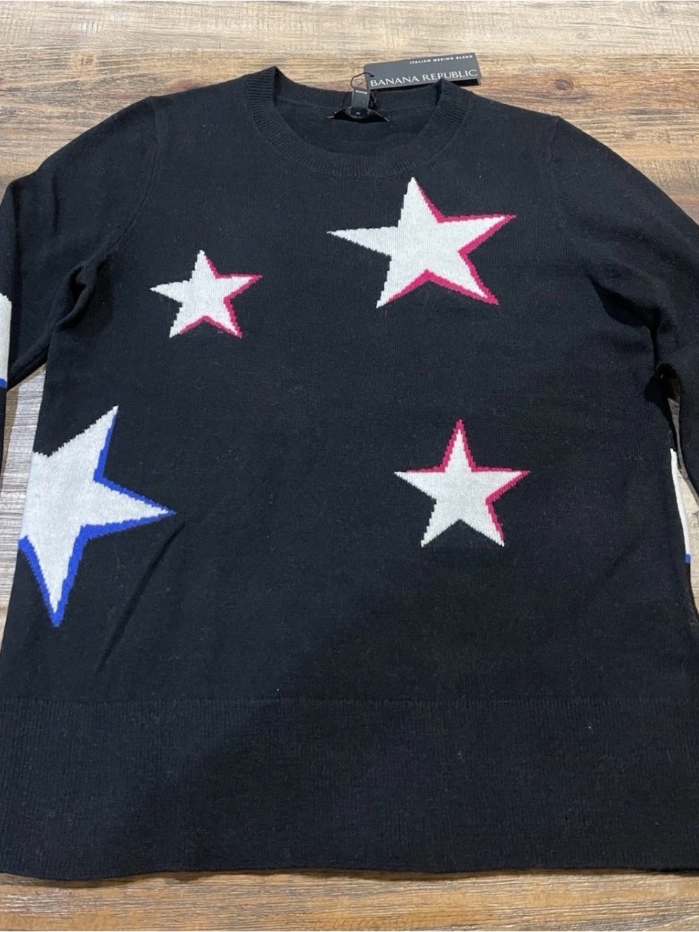 Banana Republic Black Crewneck Sweater with White Stars and Pink & Blue Accents